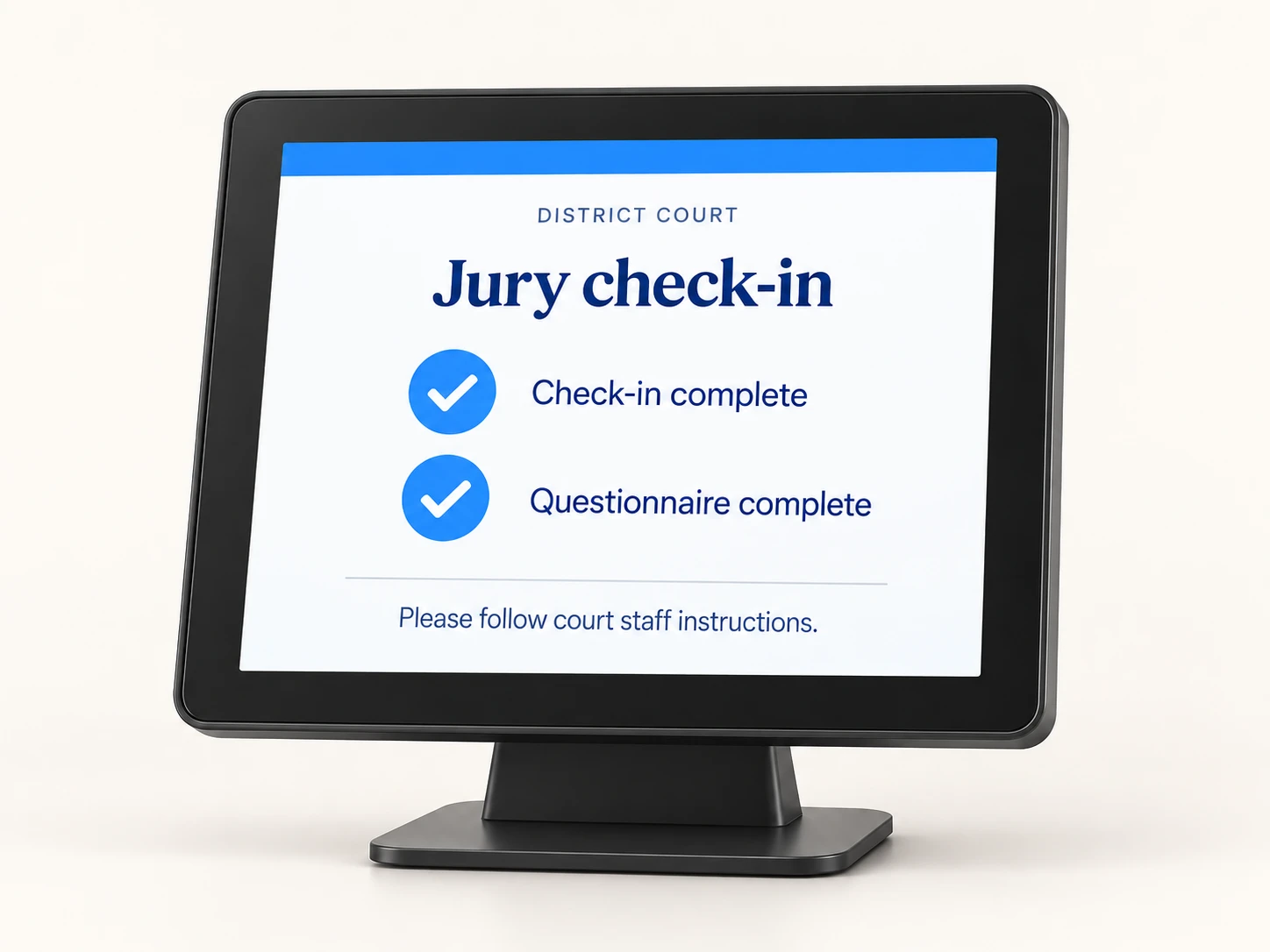 An illustrative jury kiosk showing check-in and questionnaire completion