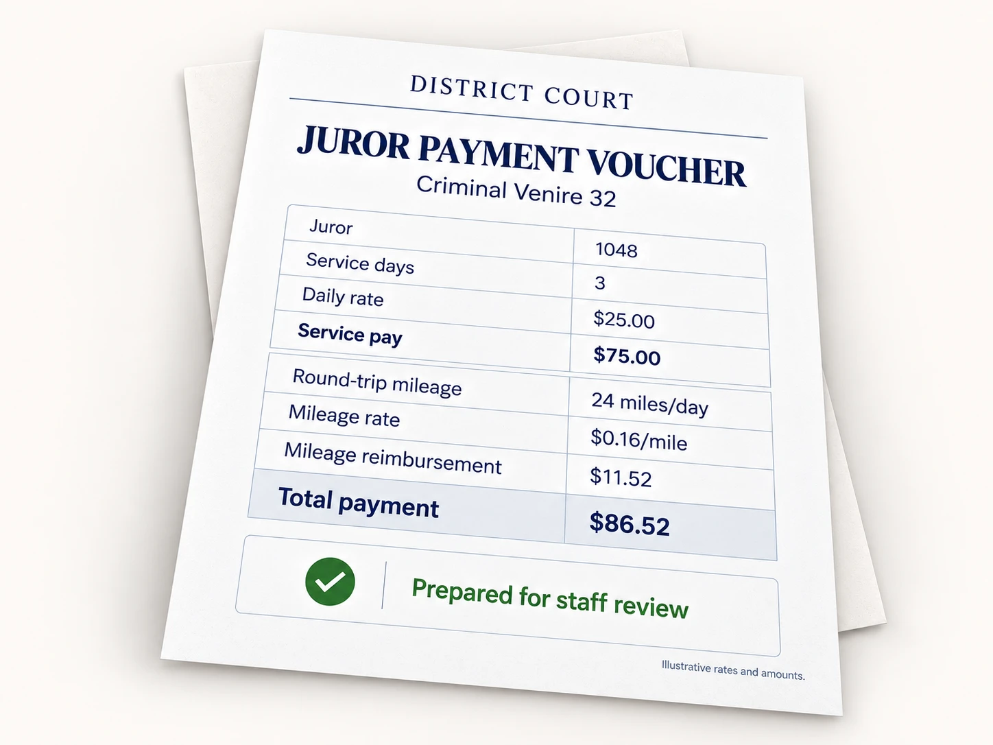 Illustrative juror voucher with service pay and mileage reimbursement prepared for staff review