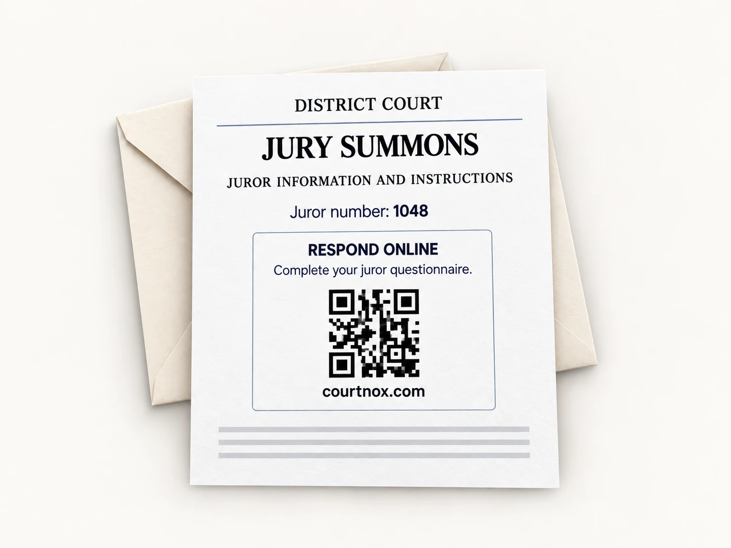 An illustrative District Court summons and envelope with online questionnaire access