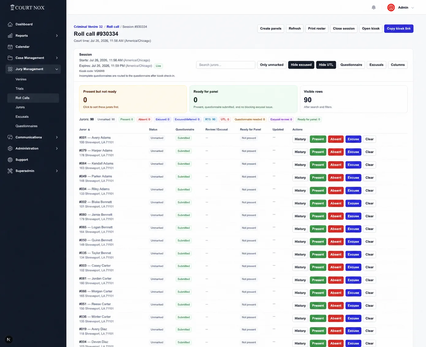 Court Nox live roll call dashboard with kiosk and readiness controls